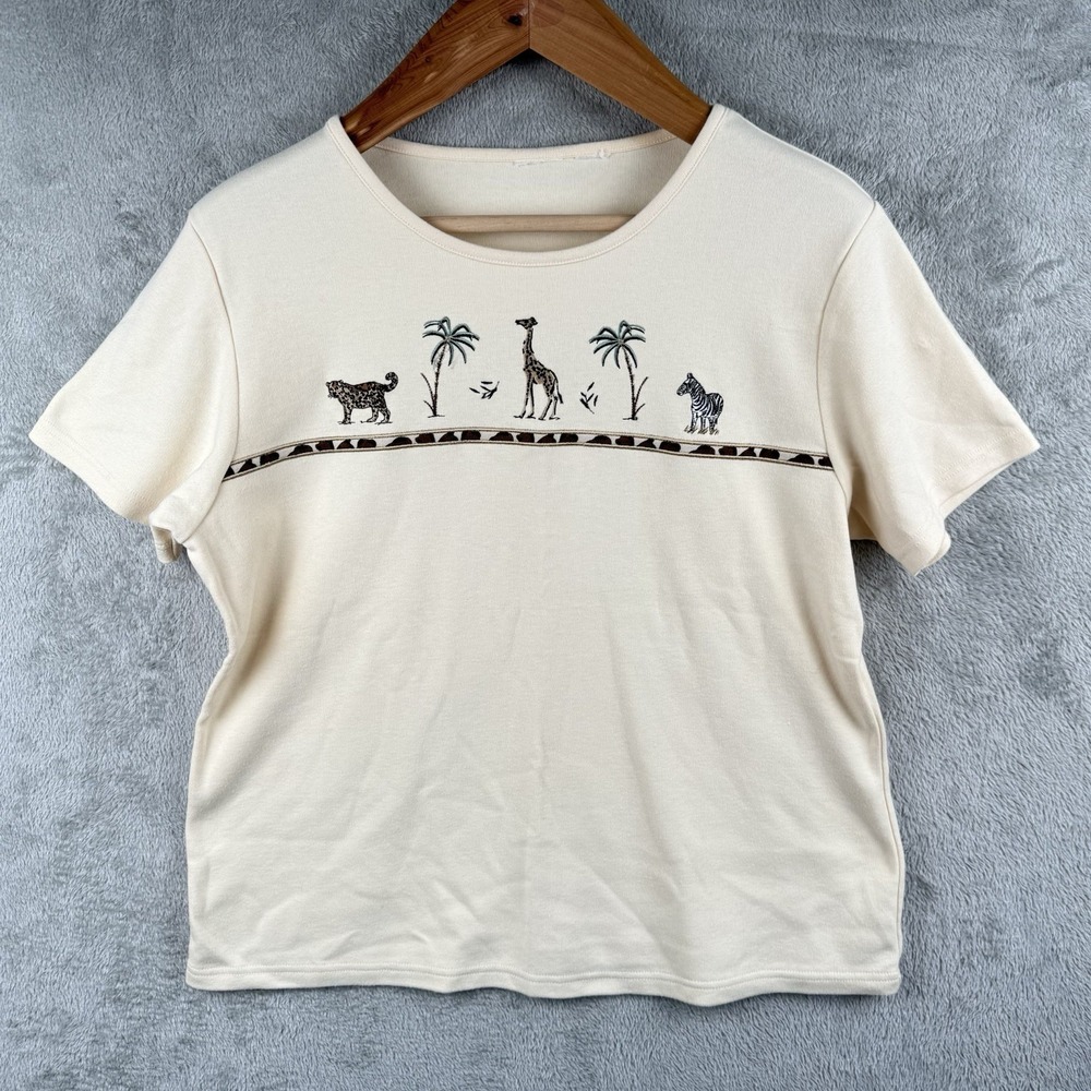 Jason Maxwell Shirt Womens L Embroidered Animals Palm Trees Safari Beige S/S